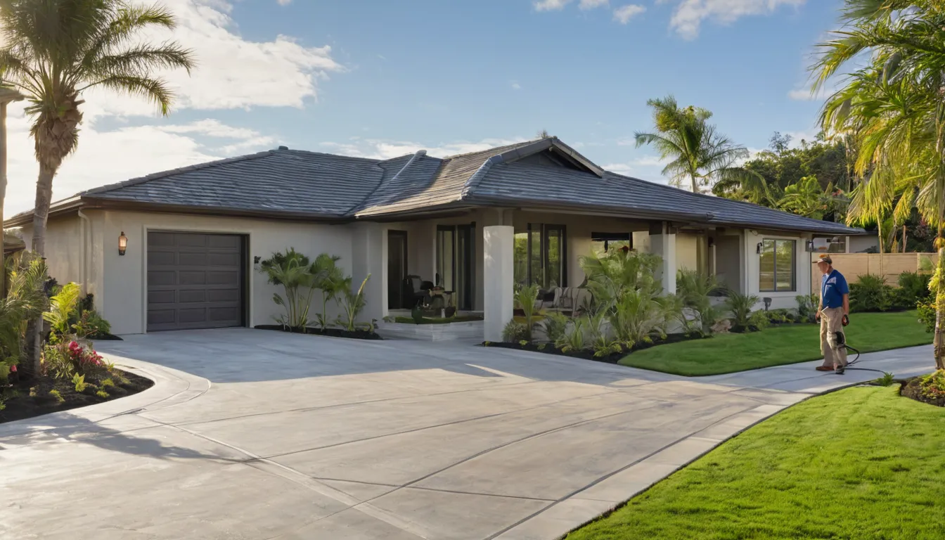 Freshly poured concrete driveway in front of a single-story block home in the Clermont area